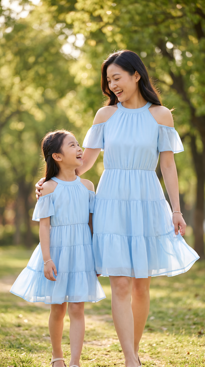Mom and Daughter Blue Tiered Off-Shoulder Dress Set