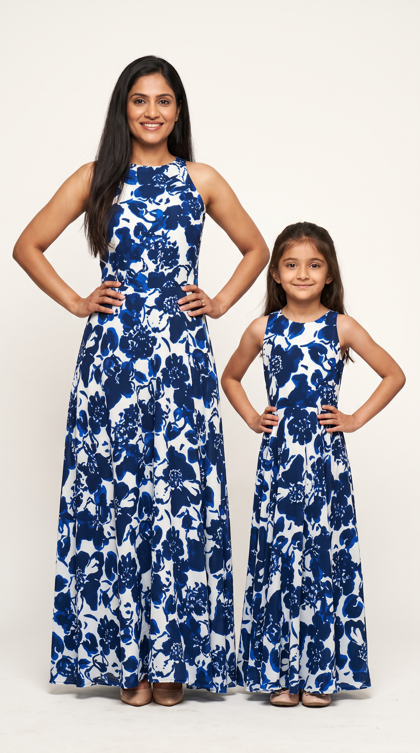 Mom and Daughter Blue Floral Maxi Summer Dress Set