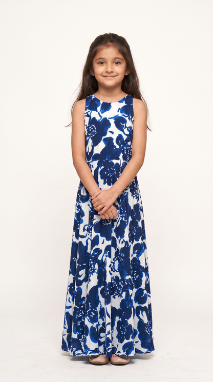 Mom and Daughter Blue Floral Maxi Summer Dress Set