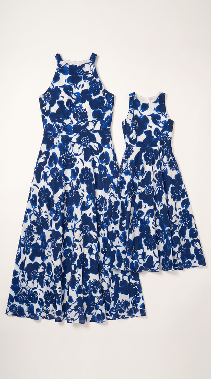 Mom and Daughter Blue Floral Maxi Summer Dress Set