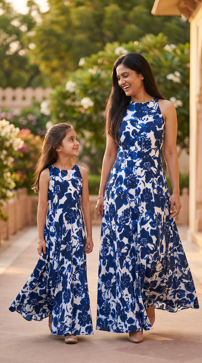 Mom and Daughter Blue Floral Maxi Summer Dress Set