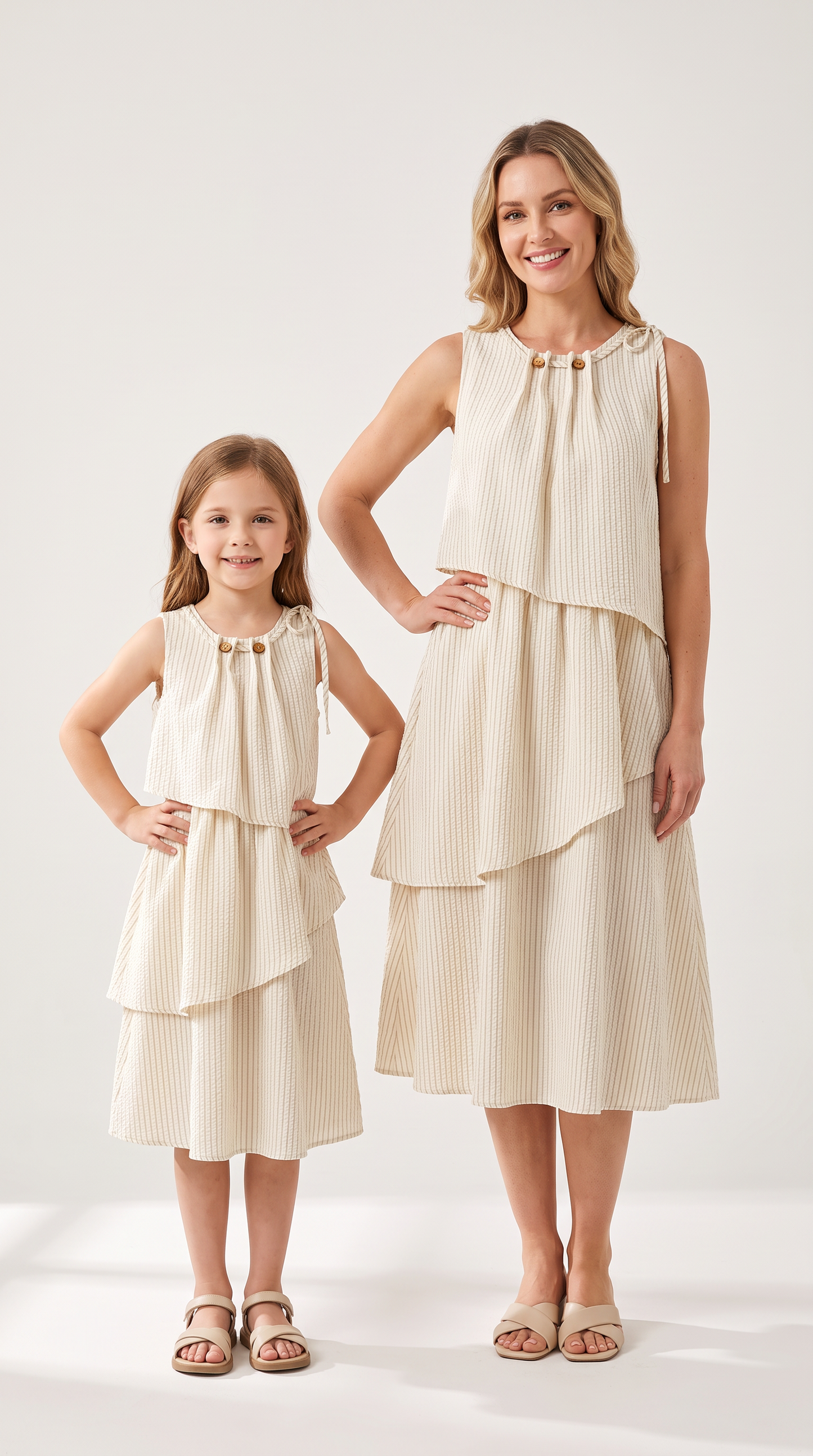 Mom and Daughter Cream Tiered Sleeveless Summer Dress Set