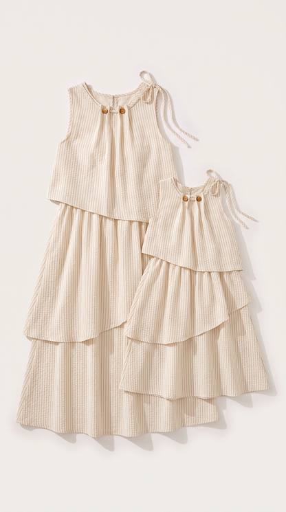 Mom and Daughter Cream Tiered Sleeveless Summer Dress Set