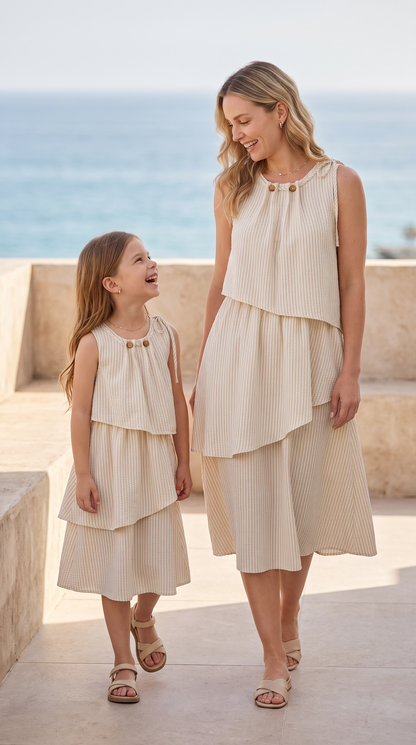 Mom and Daughter Cream Tiered Sleeveless Summer Dress Set