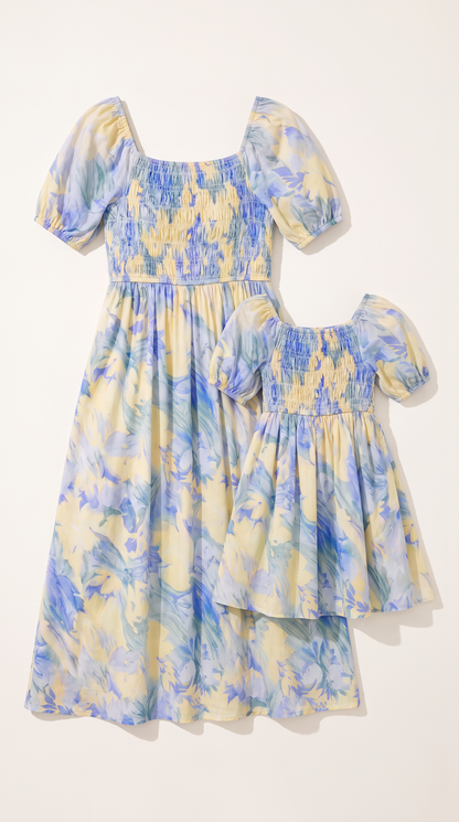 Mom and Daughter Blue Floral Summer Dress Set