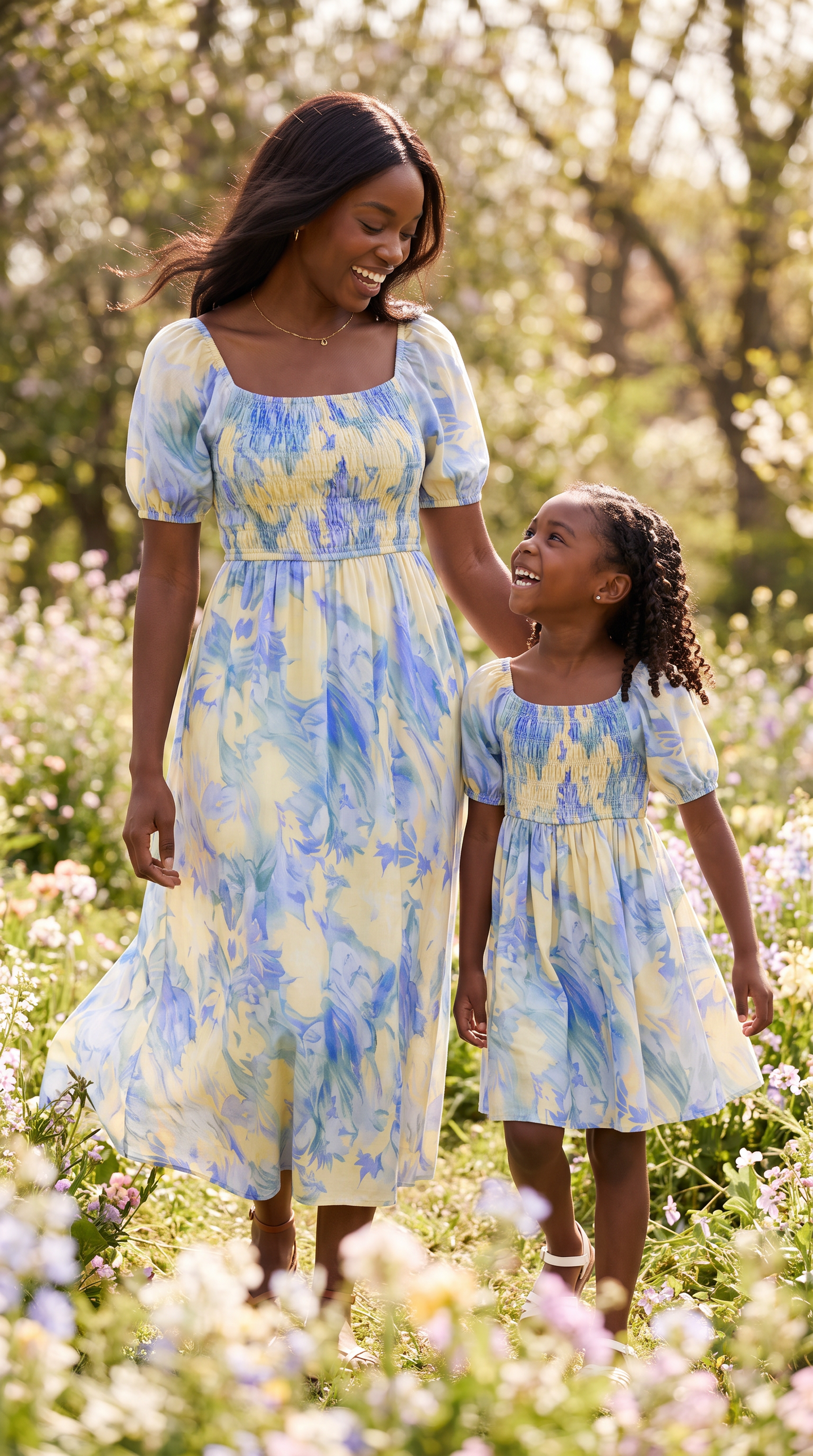 Mom and Daughter Blue Floral Summer Dress Set