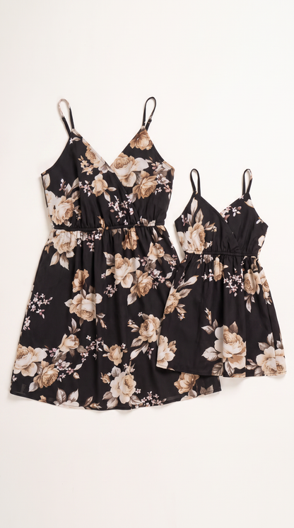 Mom and Daughter Black Floral Sleeveless Dress Set