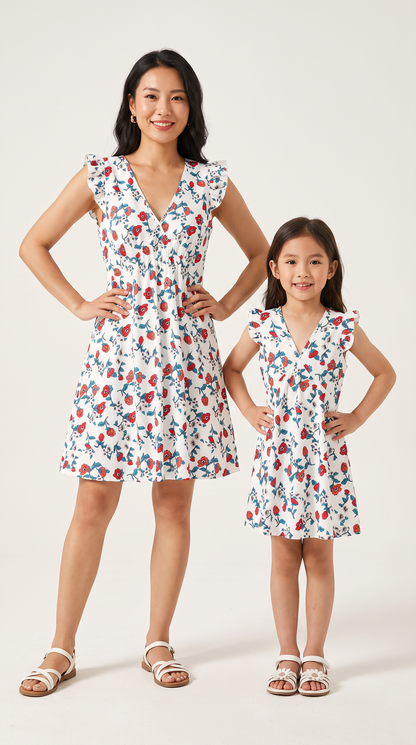 Mom and Daughter Floral Ruffle V-neck Summer Dress Set