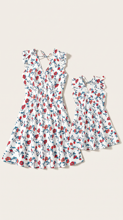 Mom and Daughter Floral Ruffle V-neck Summer Dress Set