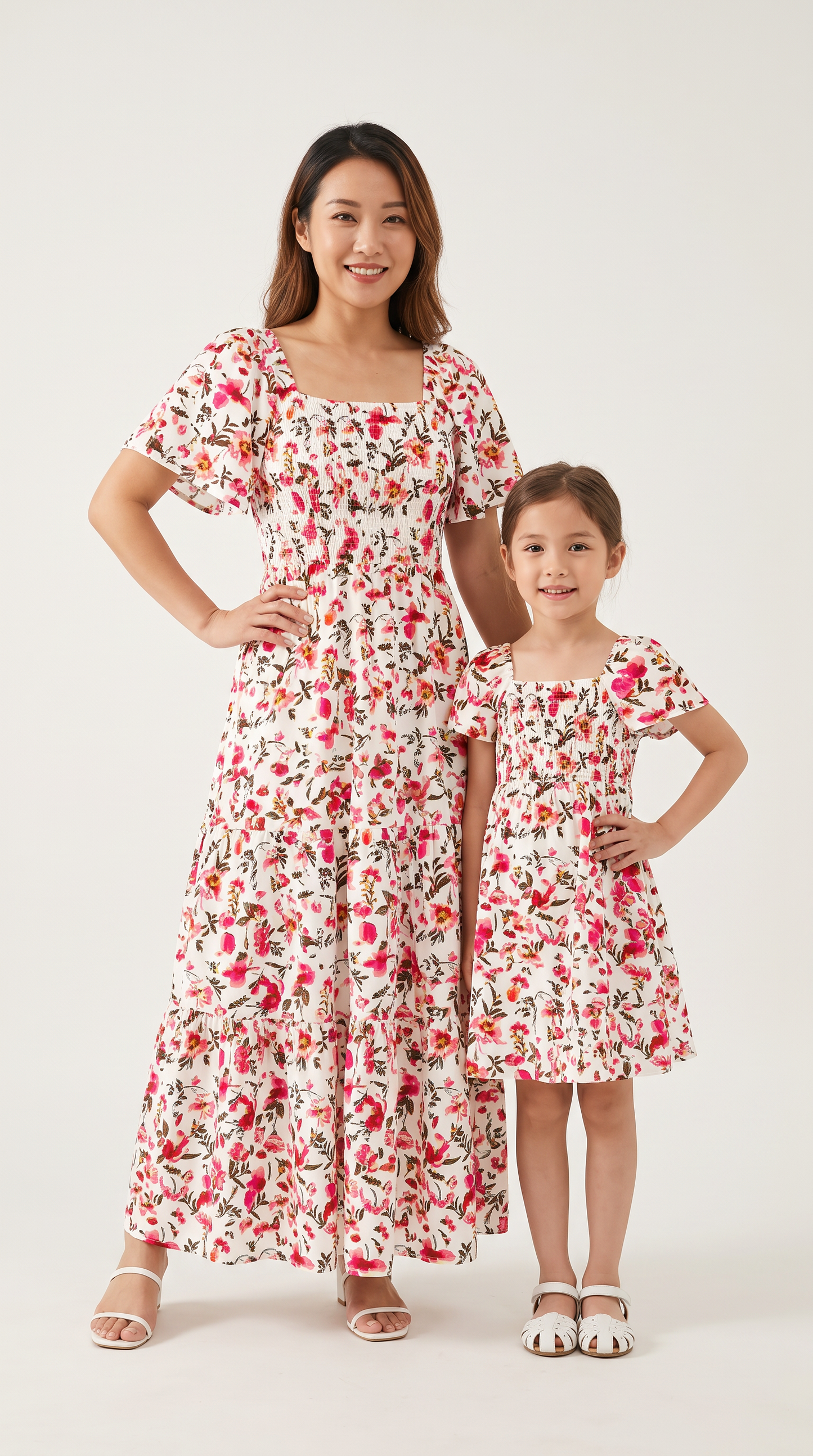 Mom and Daughter Pink Floral Smocked Matching Summer Dress