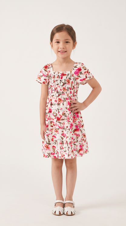Mom and Daughter Pink Floral Smocked Matching Summer Dress