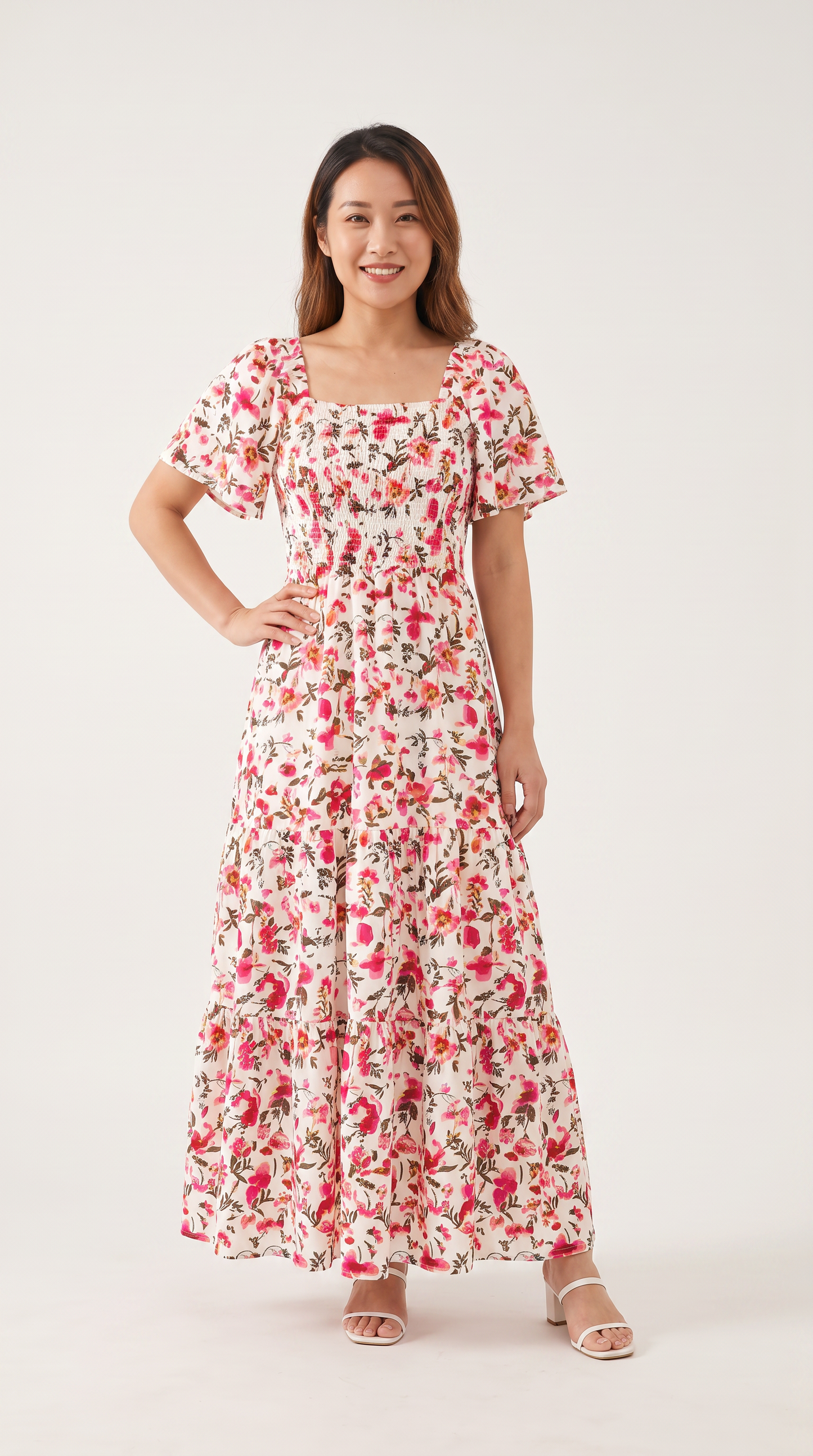 Mom and Daughter Pink Floral Smocked Matching Summer Dress