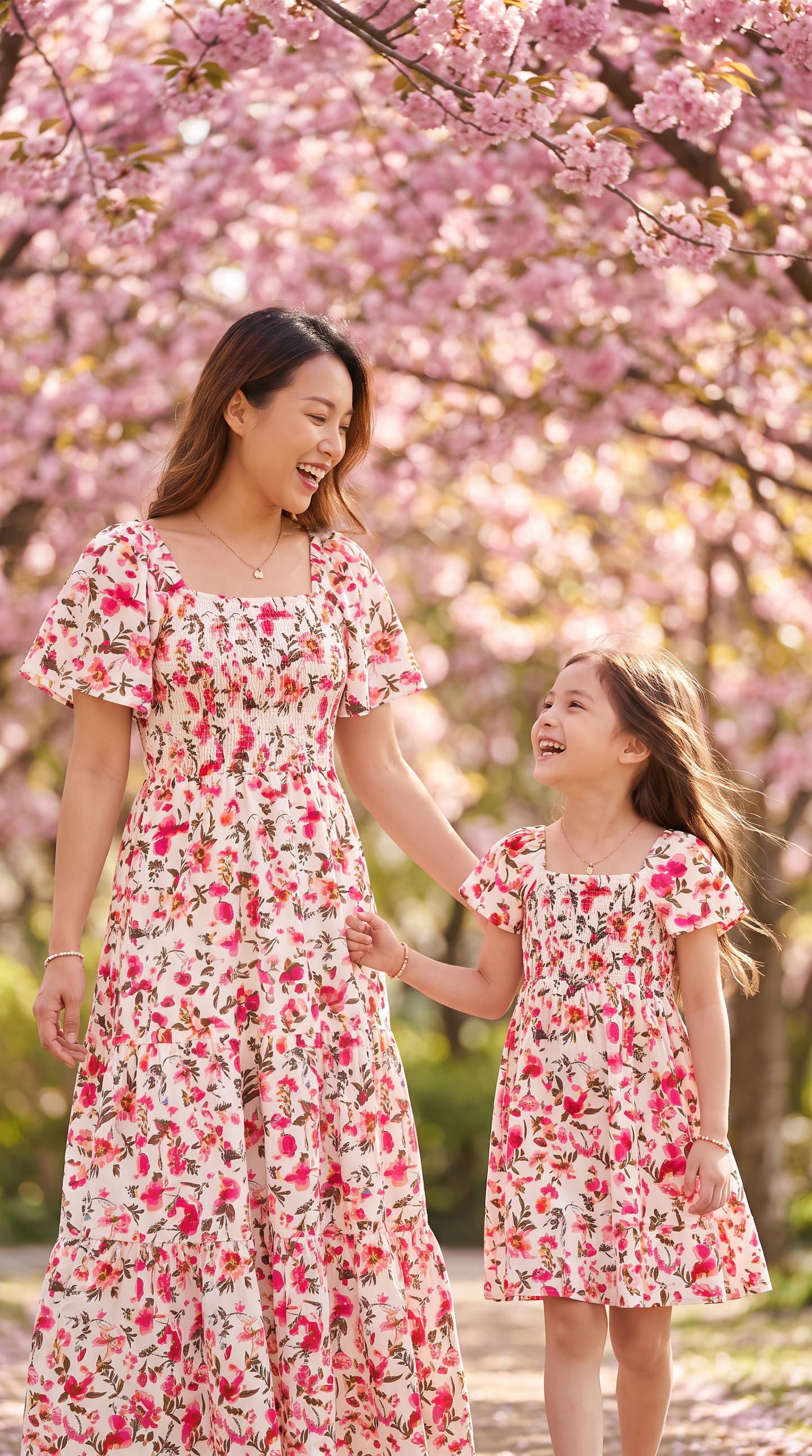 Mom and Daughter Pink Floral Smocked Matching Summer Dress
