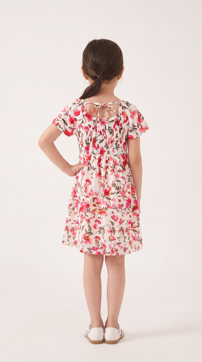 Mom and Daughter Pink Floral Smocked Matching Summer Dress