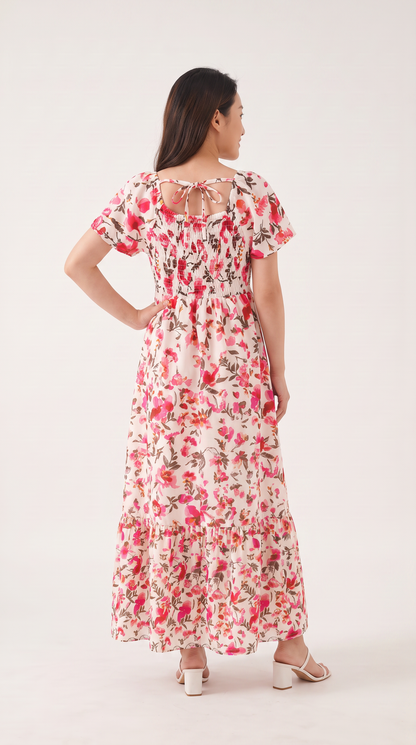 Mom and Daughter Pink Floral Smocked Matching Summer Dress