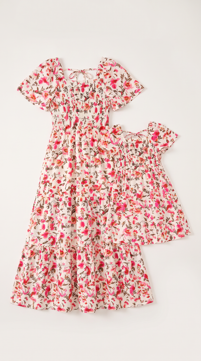 Mom and Daughter Pink Floral Smocked Matching Summer Dress